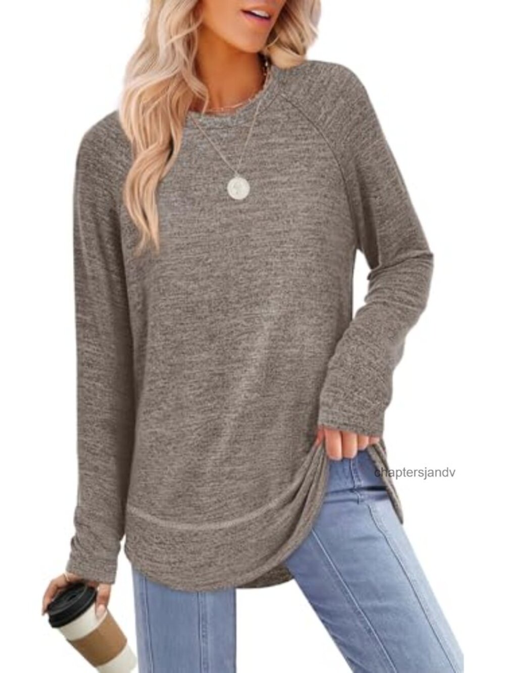 Long Sleeve Tunic Top Womens Loose Fit Crew Neck Pullover Blouse
